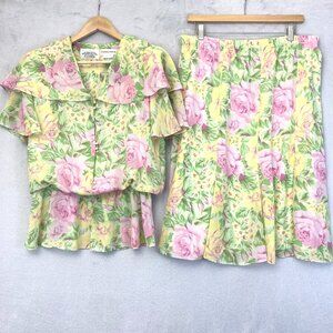Vintage 80s Chimney Ridge Skirt Set Womens Large Chiffon Floral Blouson Flutter